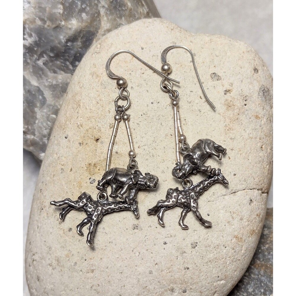Safari Giraffe Elephant Sterling Silver Dangle Earrings Vintage